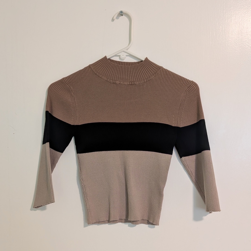 90s VTG The Slope Brooklyn NY Tan & Black Ribbed Mock Neck Cropped Sweater Top